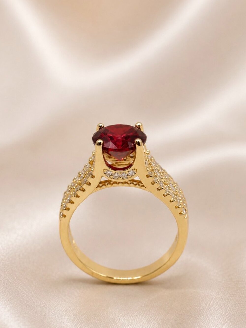 Red Garnet Statement Ring-14k Gold Plated-Vintage Inspired CZ Cocktail Ring- NEW